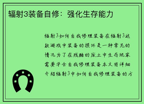 辐射3装备自修：强化生存能力